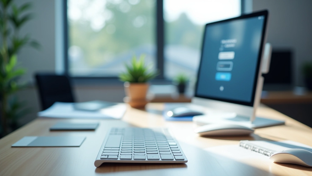 Desktop computer setup with keyboard and security features visible