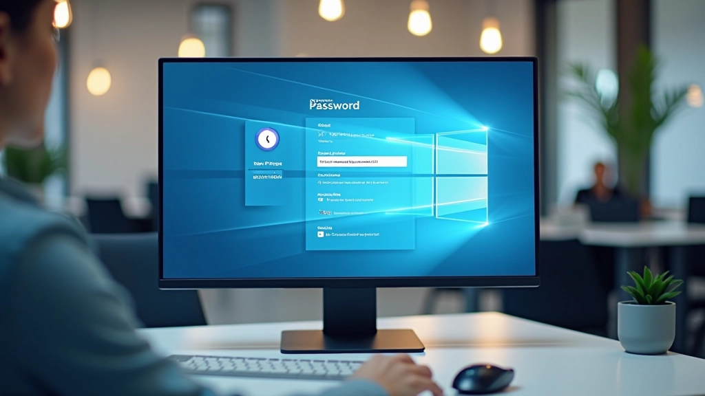 Computer monitor displaying password manager dashboard with vault interface, showing stored accounts and security status indicators