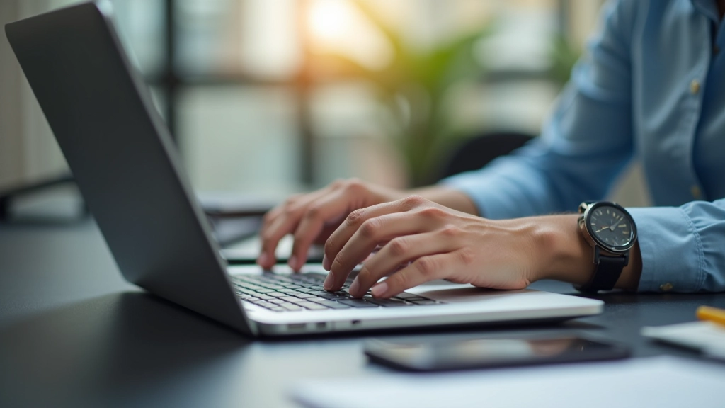 Person's hands on laptop trackpad during login process with password manager auto-fill suggestion visible on screen