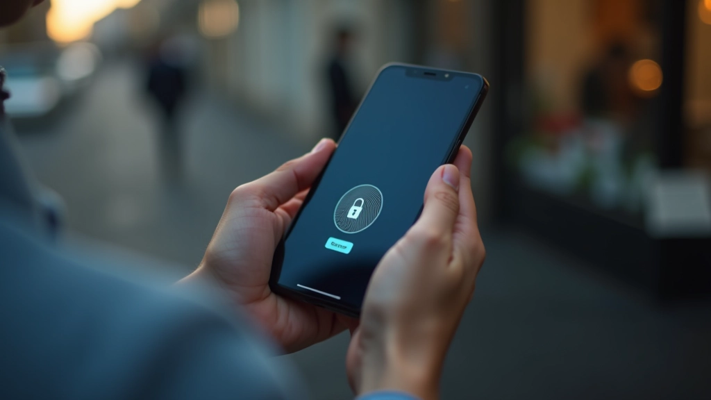 Smartphone displaying security lock icon and biometric authentication fingerprint sensor activation