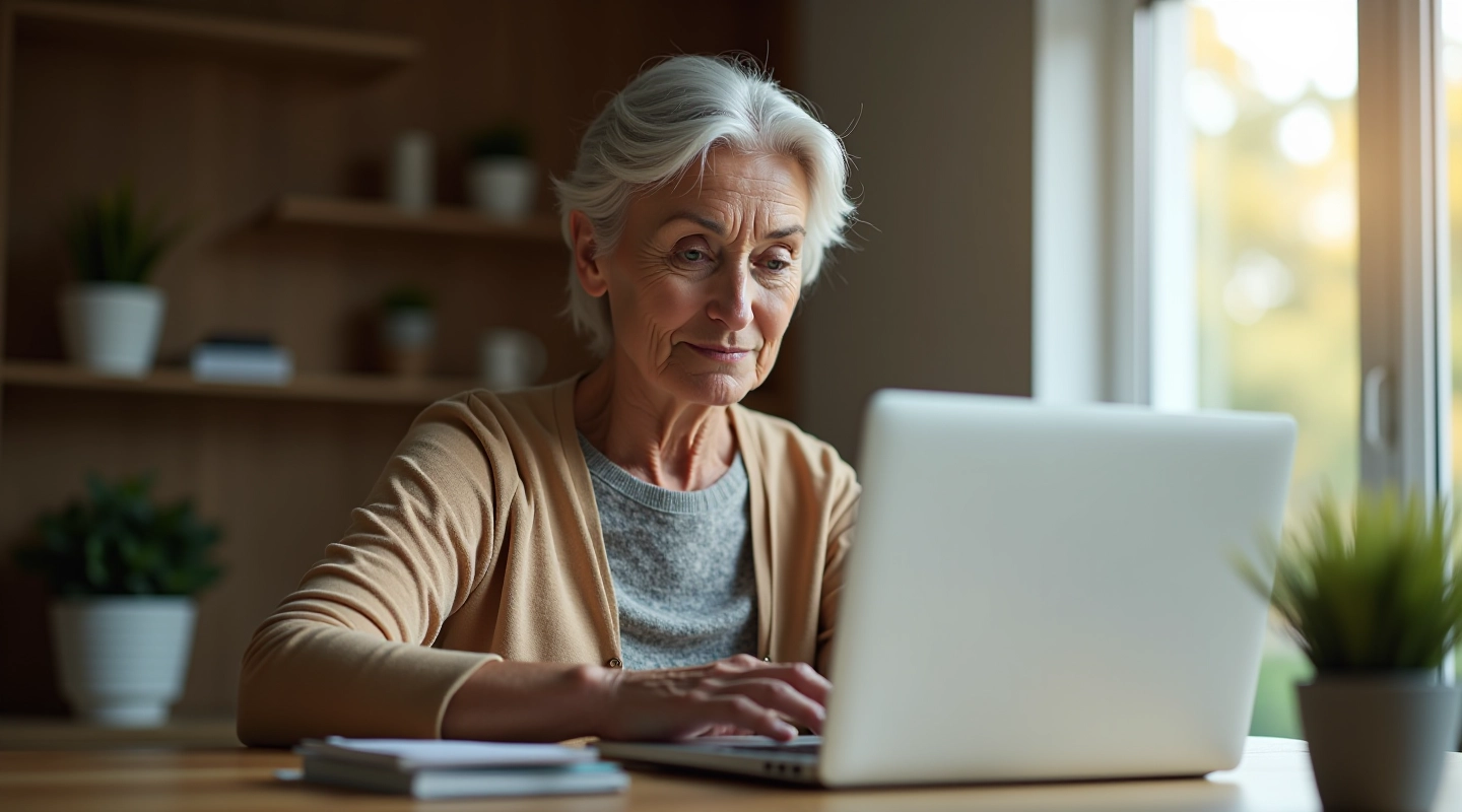 Senior adult woman sitting at home using laptop for online banking with confidence